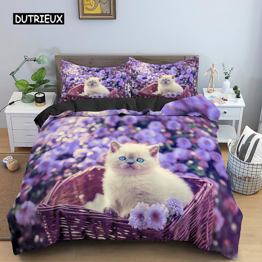 Cat Flowers King Queen Duvet Cover 3D Pet Kitty Floral Bedding Set Teens Adult Yellow Chrysanthemum 2/3pcs Polyester Quilt Cover