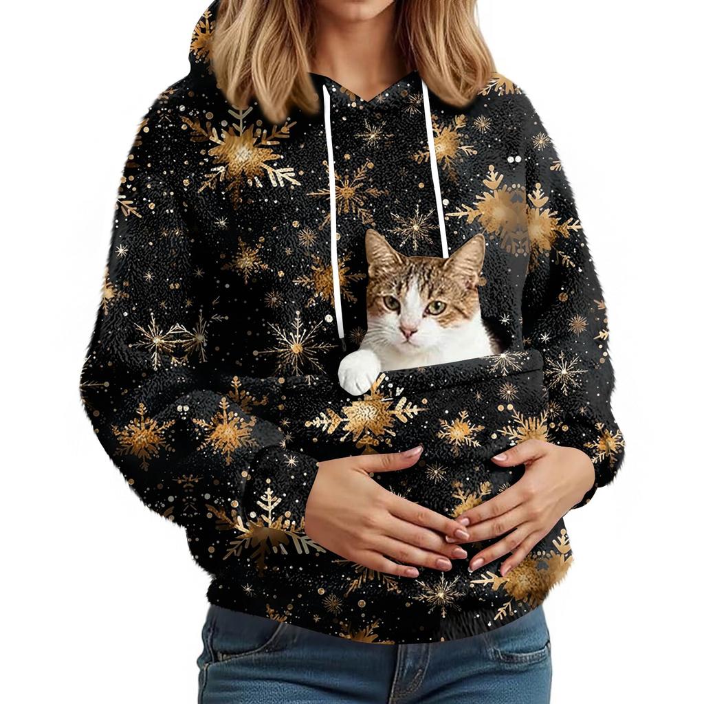 Women's Fashionable Casual Fleece Lined Long Sleeve Pocket Hooded Printed Sweatshirt