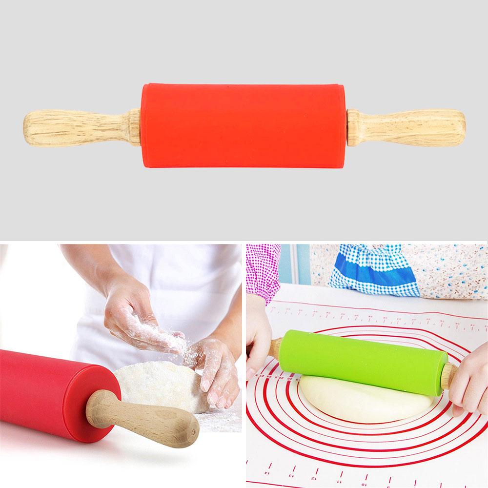 Silicone world Non-Stick Silicone Rolling Pin Wooden Handle Fondant DIY Pastry Dough Flour Roller Kitchen Baking Cooking Tools