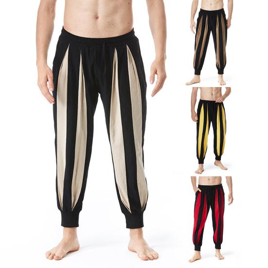 Men Pants Cotton Linen Casual Trousers Loose Fit Elastic Waist Color Block Design Relaxed Fit Long Pants Daily Wear