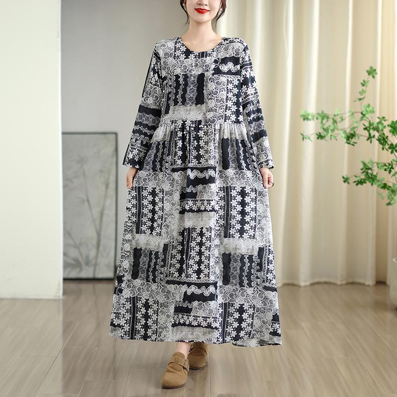 DIMANAF New 2025 Women Plus Size Spring Long Dress Loose Basic Vintage Oversize Long Sleeve Maxi Floral