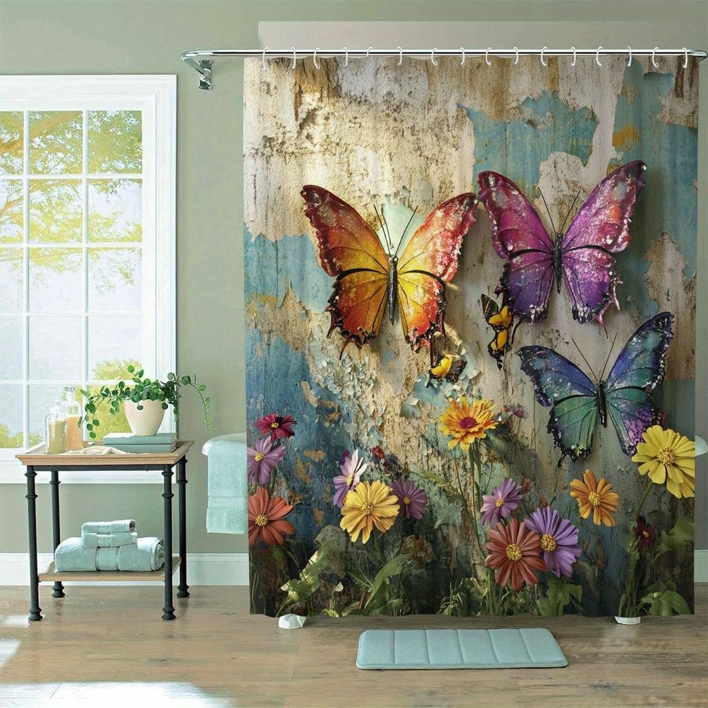 Waterproof 12 Hooks Machine Washable Colorful Butterfly Pattern One Piece Shower Curtain Suitable for Room Home Hotel Bathroom