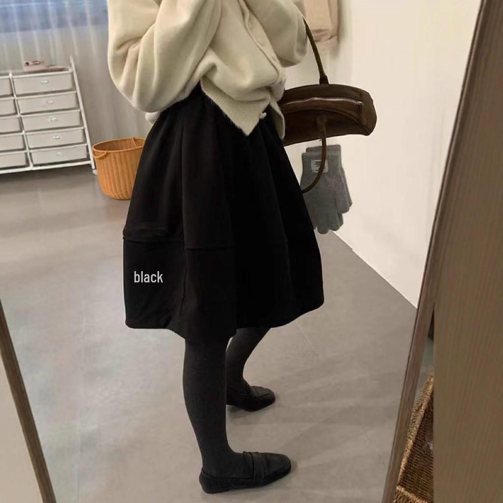 

High-Waist Woolen A-Line Skirt - Black/Dark Gray - European Style One Size (Elastic Waist, 60cm-78cm) чорний