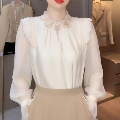 Wood Ear Edge Embroidered Top Spring New Fashion Temperament Loose Long Sleeve Solid Color Bottoming Shirt