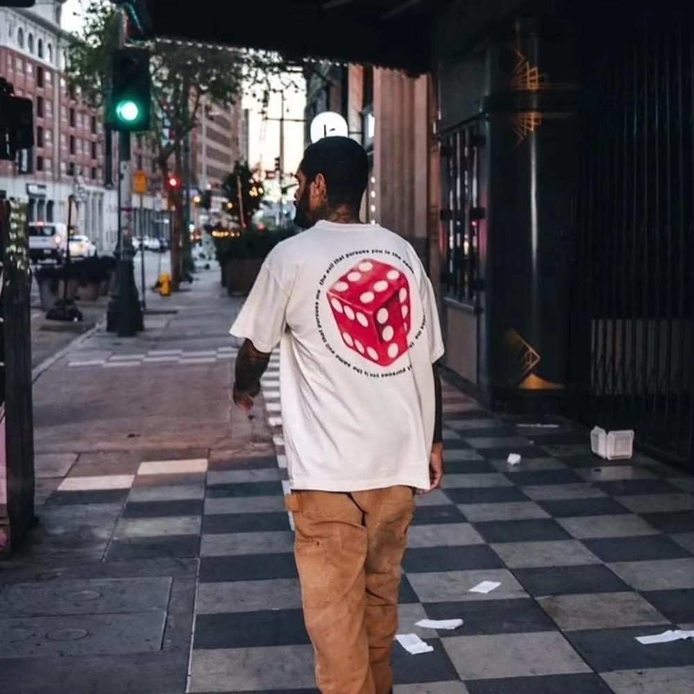 Summer Fashion Heavyweight Retro Men's Fun Dice 100% Cotton Printed Round Neck High Quality Casual Fitness Street T-shirt