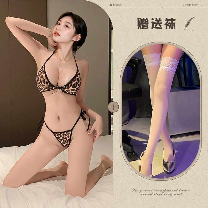 Sexy underwear new sexy hot leopard print uniform hollowed out three-point neck strap passion free women