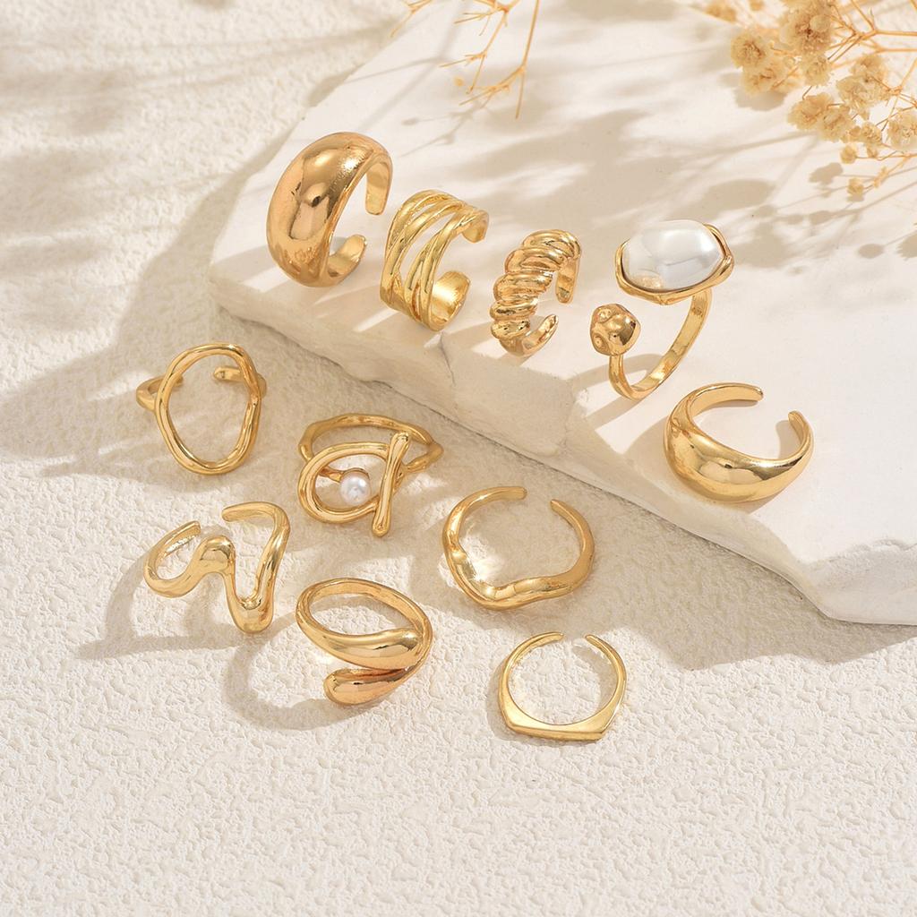 Wind Ladies Jewelry Geometric Ring Inlaid Pearl Design Ring Set Opening Adjustable Ring