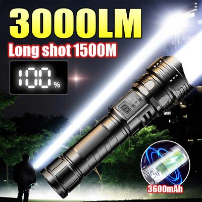 Leistungsstarke LED-Taschenlampe, ultrahelles Licht, Notfall-Scheinwerfer, große Reichweite, Zoom-Taschenlampe, Angellampe mit eingebautem Akku