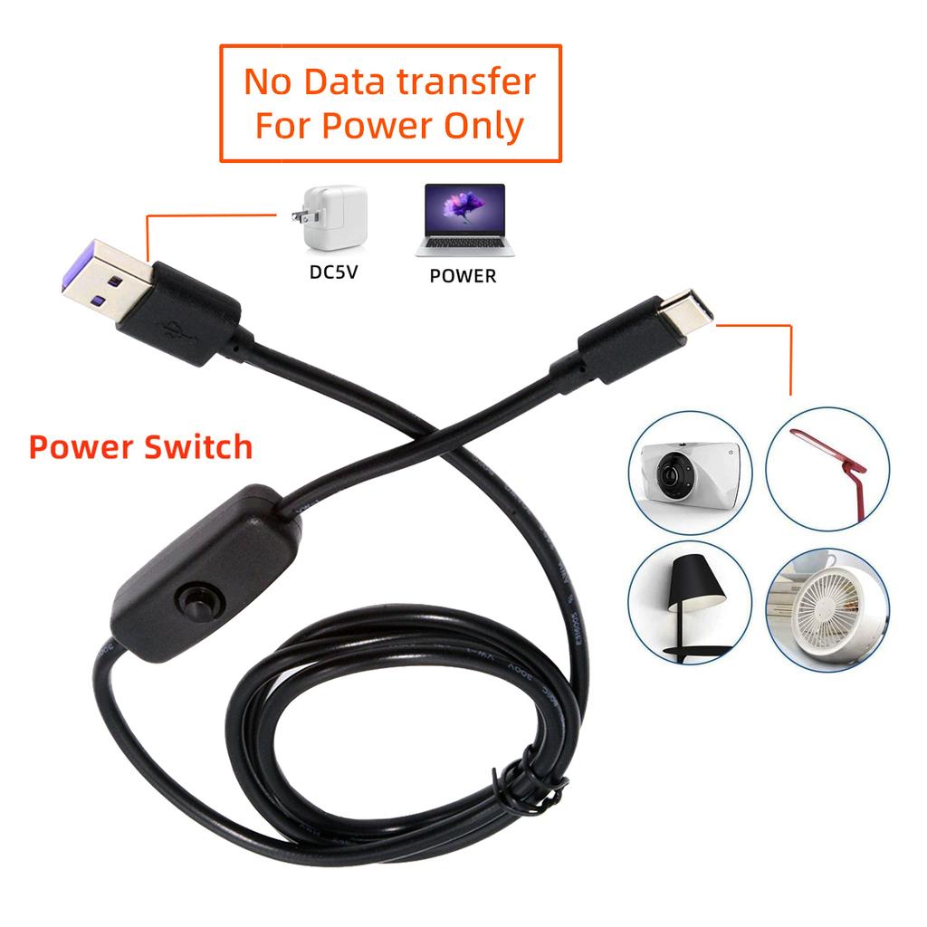 PW-015-TC 1m Type-C Male to USB-A Male USB2.0 Cable with On/Off Power Switch Button for DC5V Desk Lamp Fan Camera
