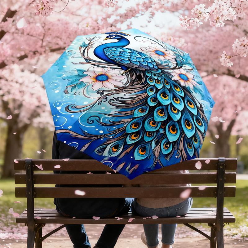 1PC Peacock Flowers Automatic Open/Close Umbrella Compact Folding Umbrella with 8-Rib Shaft lightweight esign, Highquality Fabric1215A
