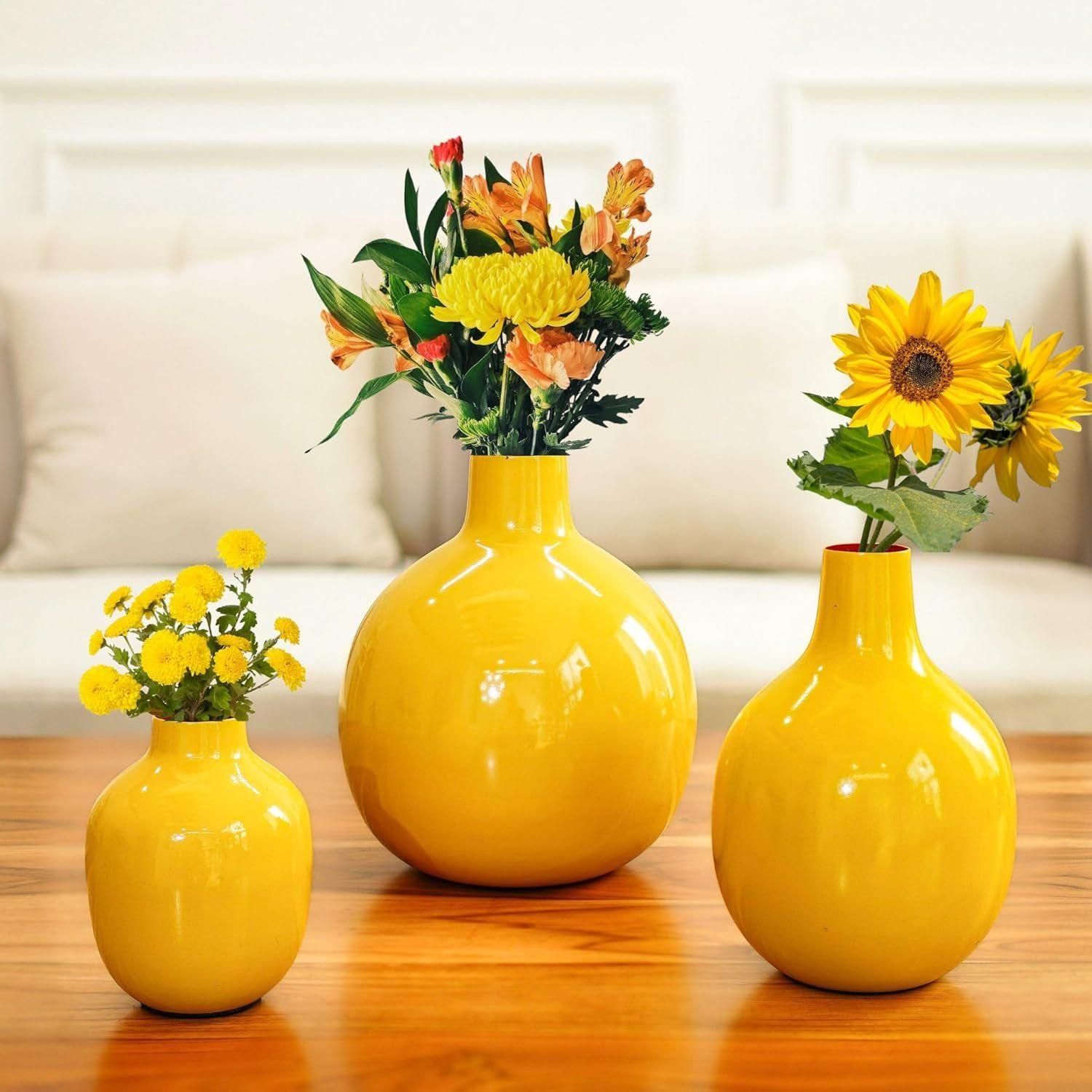 

Металлическая ваза для цветов для домашнего декора, гостиной, офиса| Настольная, декоративная, для фестивалей, дня рождения (Цветок в комплект не входит), Круглый НАБОР из 03 жёлтый