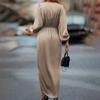 Elegant Satin V Wrap Twist Waist Ruched Midi Dress Puff Long Sleeve High Slit Asymmetrical Hem Fall Wedding Guest Evening Party Formal Long Gown