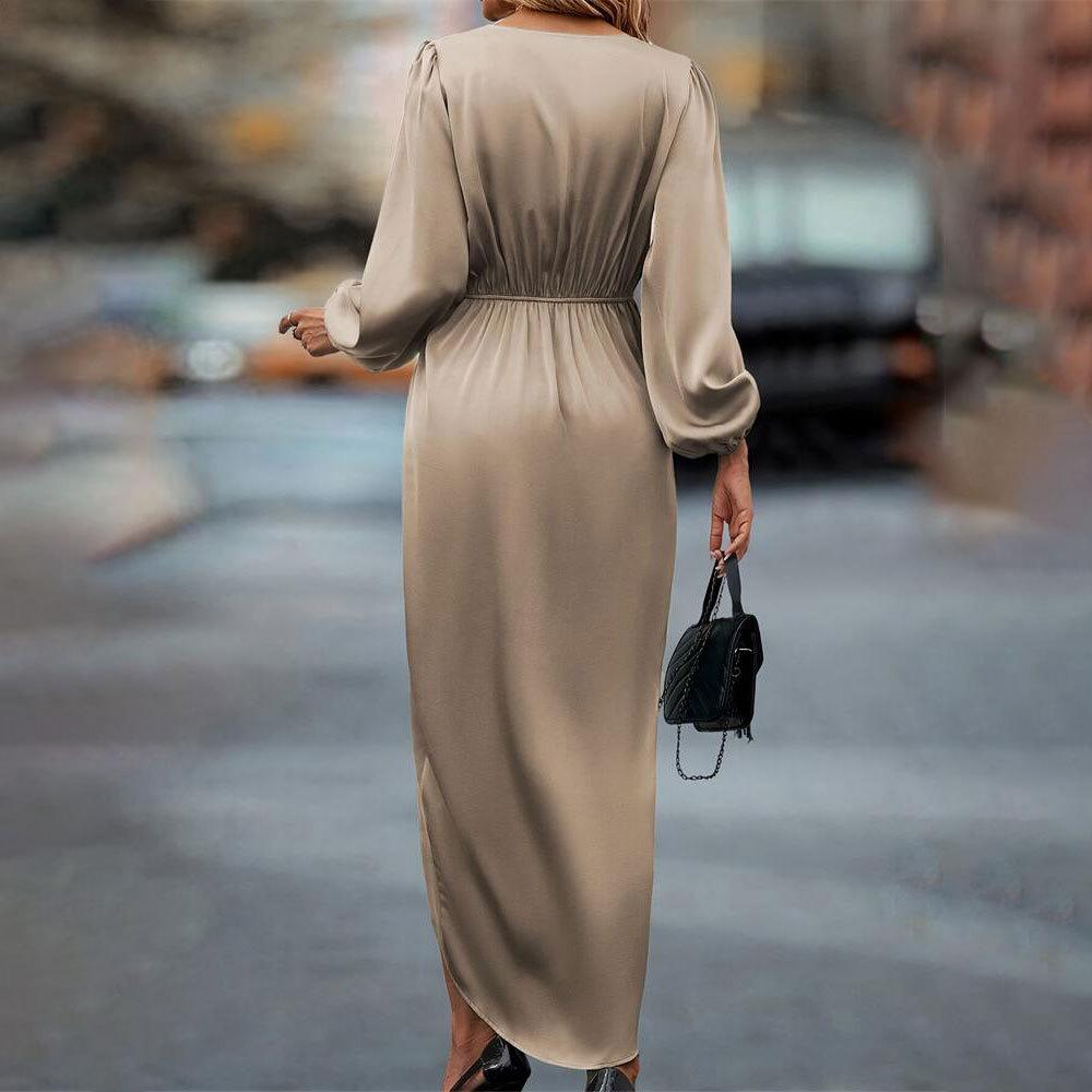 Elegant Satin V Wrap Twist Waist Ruched Midi Dress Puff Long Sleeve High Slit Asymmetrical Hem Fall Wedding Guest Evening Party Formal Long Gown