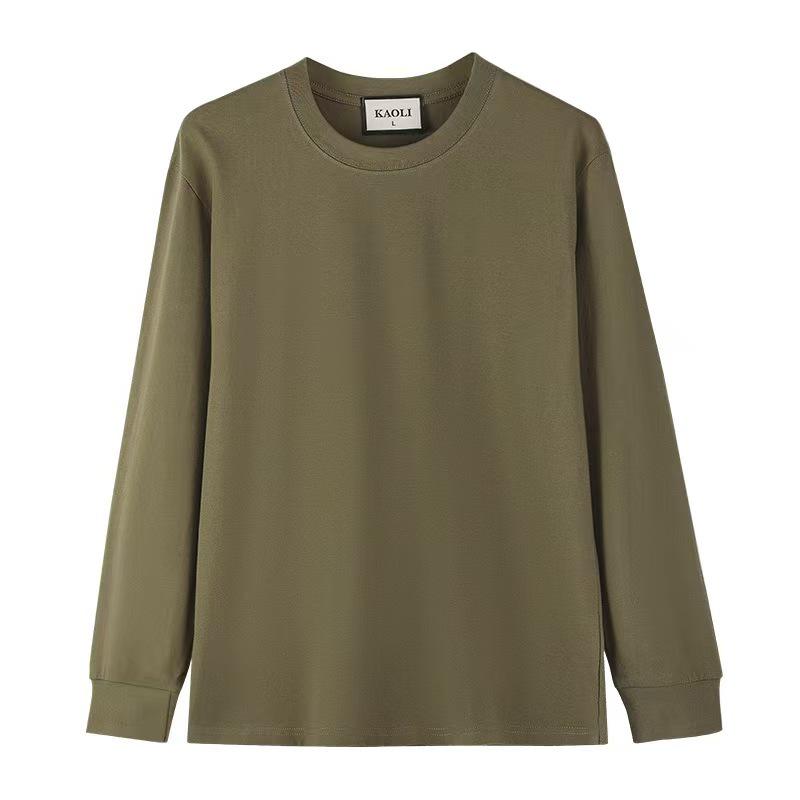 

Унисекс Тяжелая хлопковая футболка с круглым вырезом и длинными рукавами, 240 г, Свободный крой с плотными манжетами, Однотонная, для Весны/Осени 2024. L армия зеленый