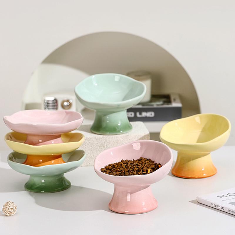 Ceramic Tall Footed Drinking Water Bowls, Anti Overturning Oblique Mouth, Neck Protection, Large Caliber Cat Bowl, Articles, 1Pc