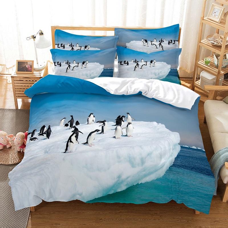 3D Digital - Printed Nette Penguins Bed Linen Set: Fashion - Designed Duvet Cover With Pillowcases For Stylish Bedroom Decor