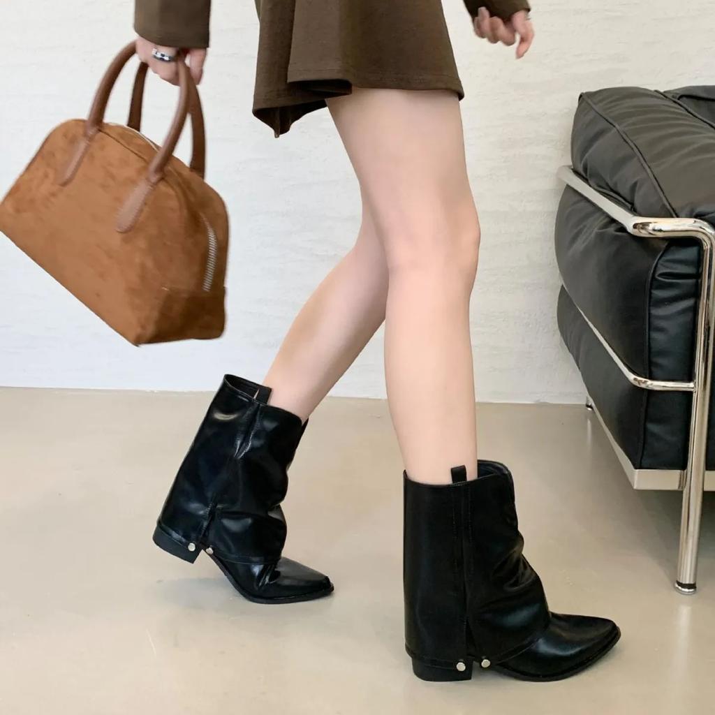 Fashion 2025Vintage Women Western Cowboy Boots Fashion Pointed Toe Shoes Ladies Thick Heel Short Botas Autumn Winter Zapatos De Mujer