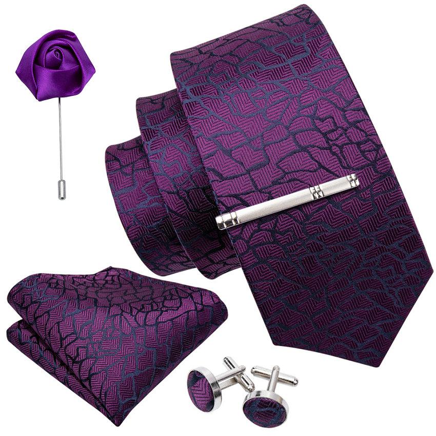 Barry, Wang Tie Set for Men Purple Paisley Silk Necktie Hanky Cufflinks Boutonniere Tie Clip Set