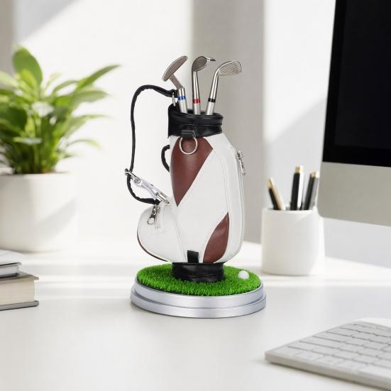 Golf Pen Holder Set, Mini Golf Bag Desk Organizer with 3 Golf Club Pens, Novelty Office Decor for Men, Business Gift