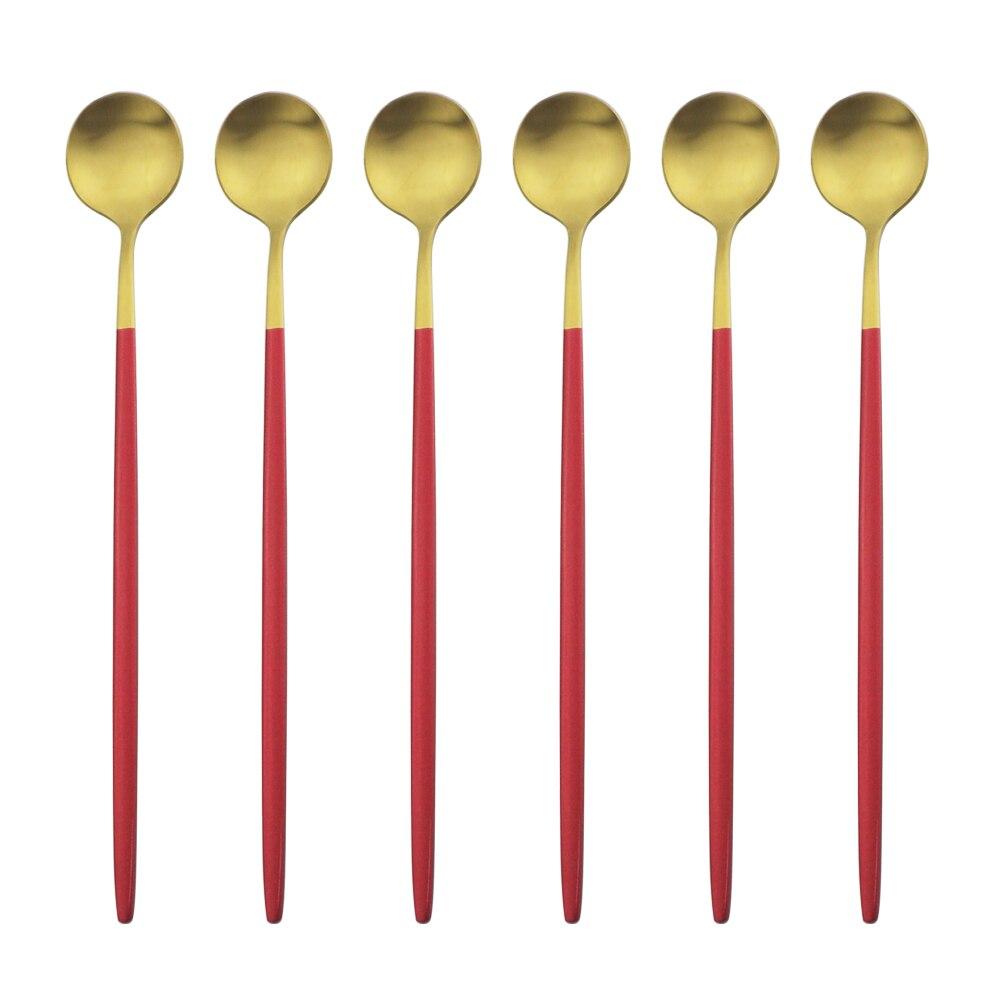 

Набір столових приборів із золота з довгою ручкою, 6 шт. Набір столових приладів із матової нержавіючої сталі. Полірований посуд для перемішування. Напій, морозиво, десерт, чай. червоний/золотий