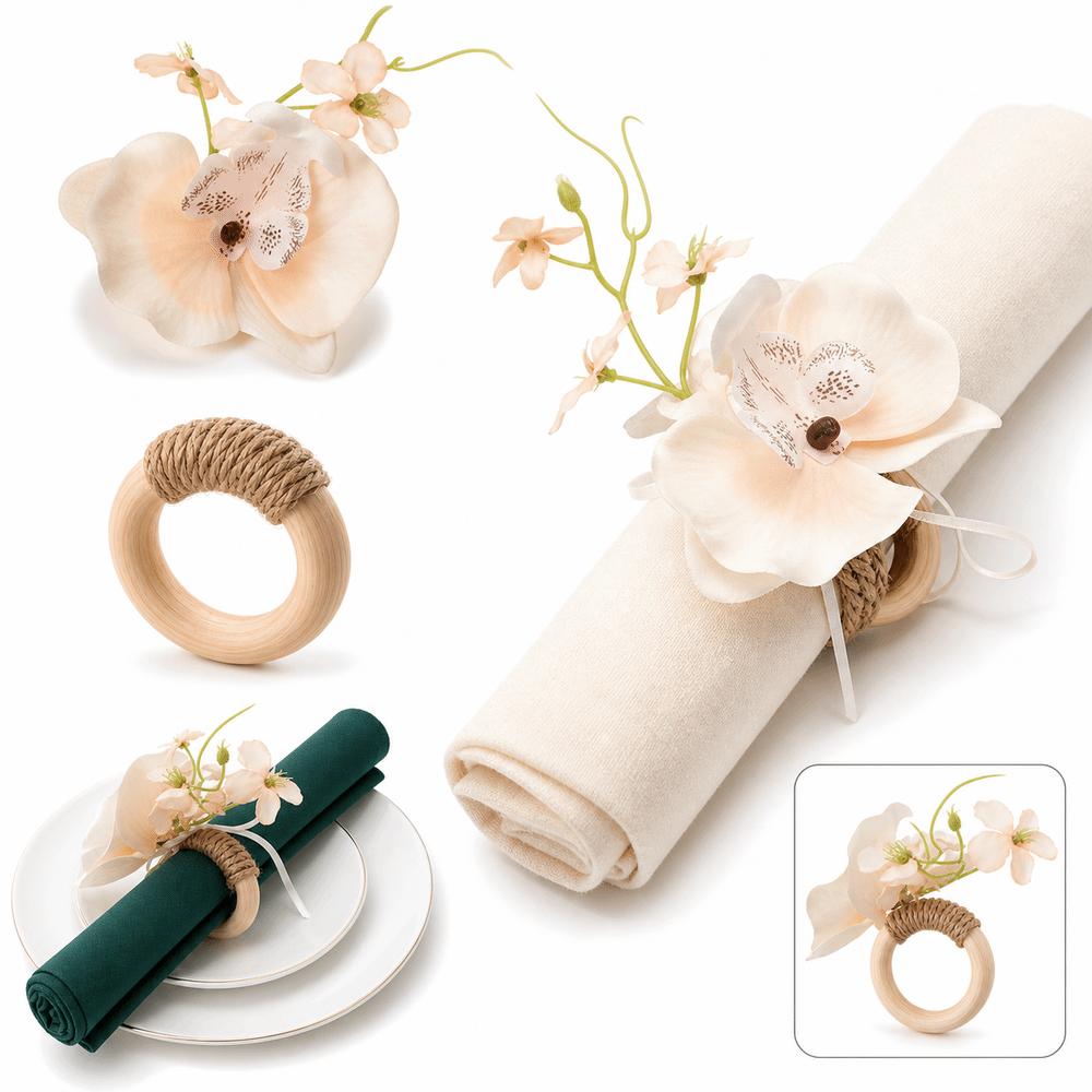 Wooden Base Napkin Ring Orchid Handcrafted Flower Napkin Fastener Lightweight Nordic Style Decorative Napkin Ring