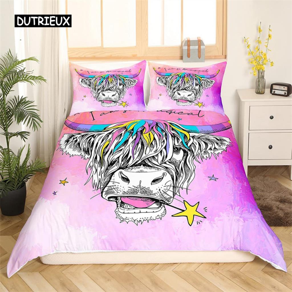 Bettbezug mit Highland-Kuh-Motiv, Western-Bettwäscheset mit Bauernhoftieren, King-Size-Bett, für Jungen und Mädchen, Mikrofaser, Blumenmuster, Bullen- und Rinder-Bettbezug