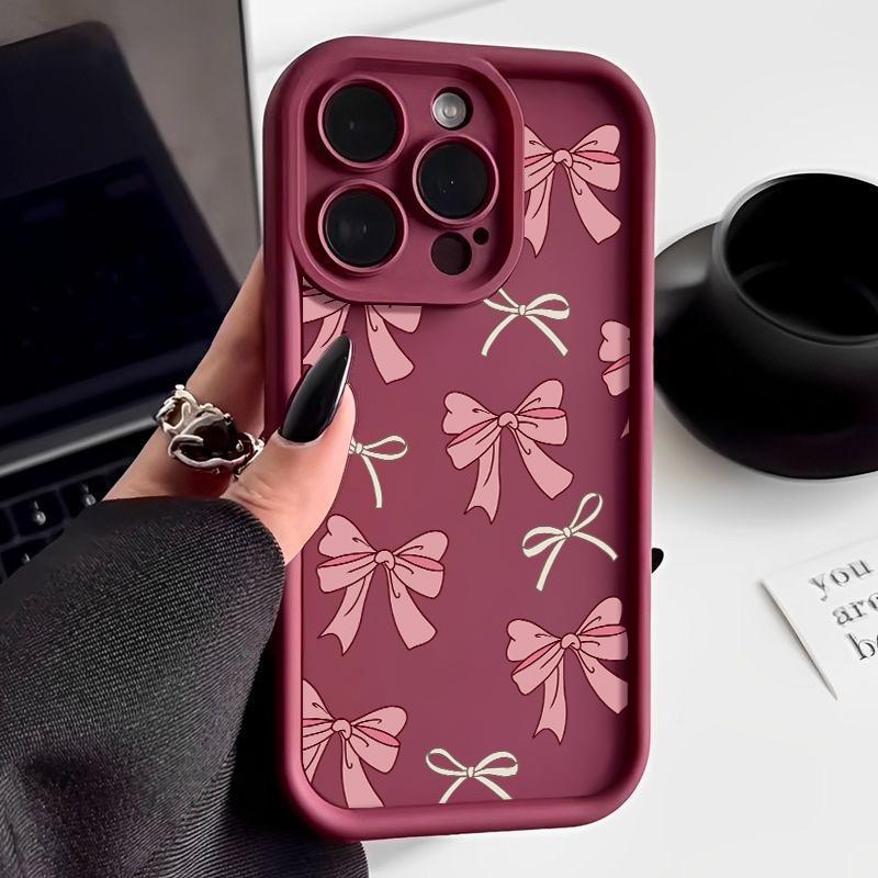 Full Screen Pink Bow Tie Phone Case iPhone 15 Pro Max 11 12 13 16 14 Plus Silicone Shockproof Case Lens Protector Shell