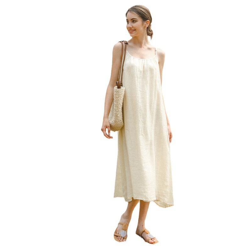 Elegant Linen Cotton Slip Dress With Flowy Skirt Loose Fit U-Neck Backless Maxi Vacation