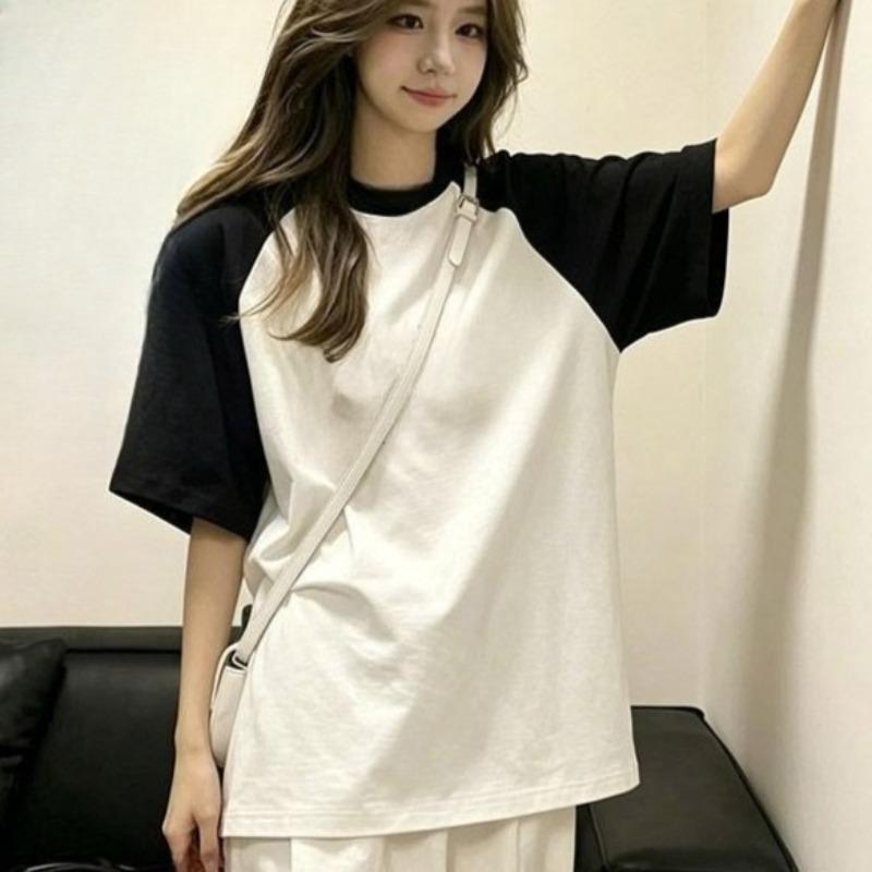 Ladies' Black White Contrasting T-shirt Women's Round Neck Short Sleeved Blouse Summer New Korean Loose Versatile Top