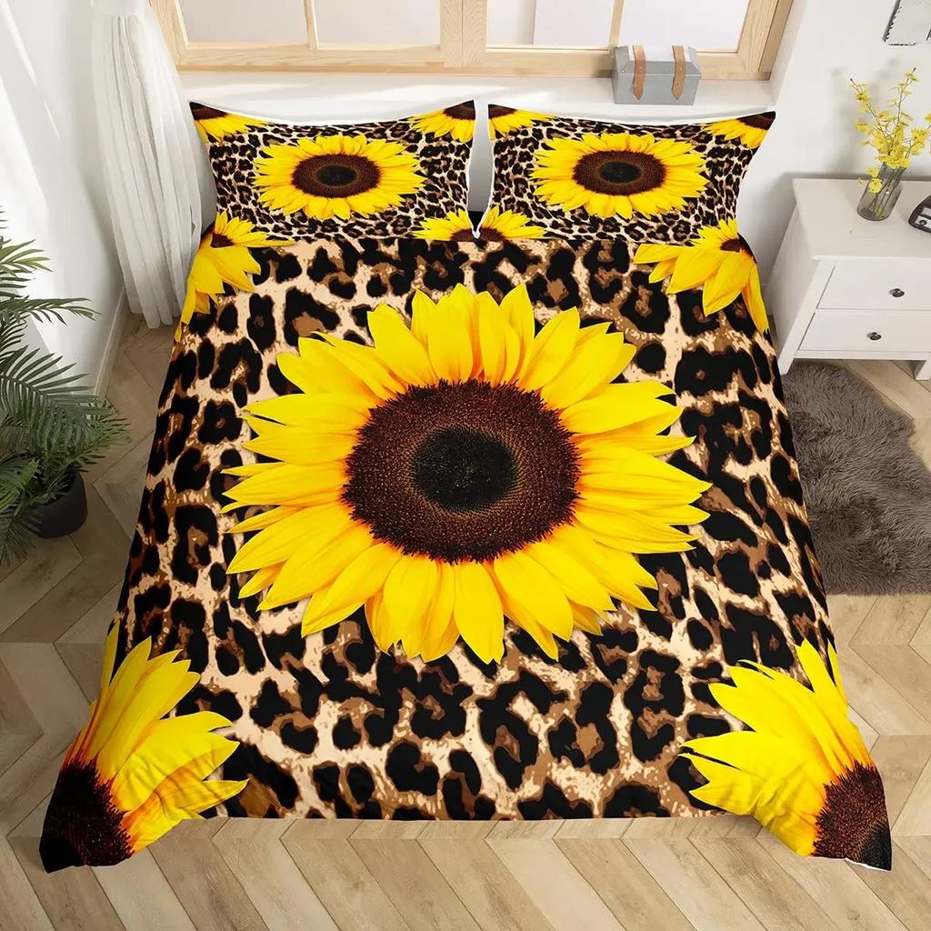 Yellow Flower Duvet Cover Set Sunflower Bedclothes Sunflower Fields With Sunset Printed Botanical Flowers Polyester Bedding Set