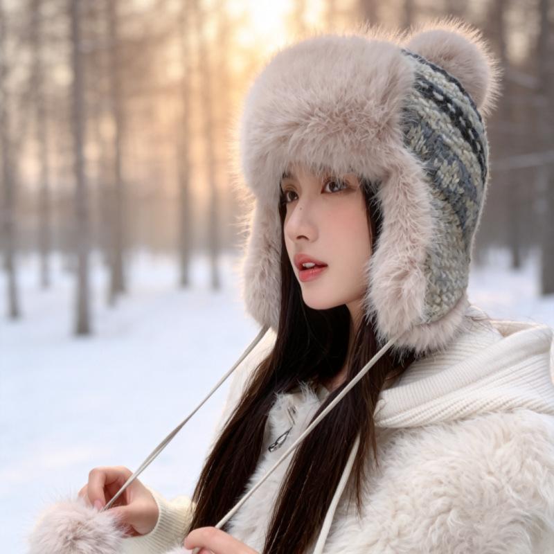 New winter women's warm ear cap thickened pom-pom Lei Feng hat outdoor cold-proof ski cap manufacturer
