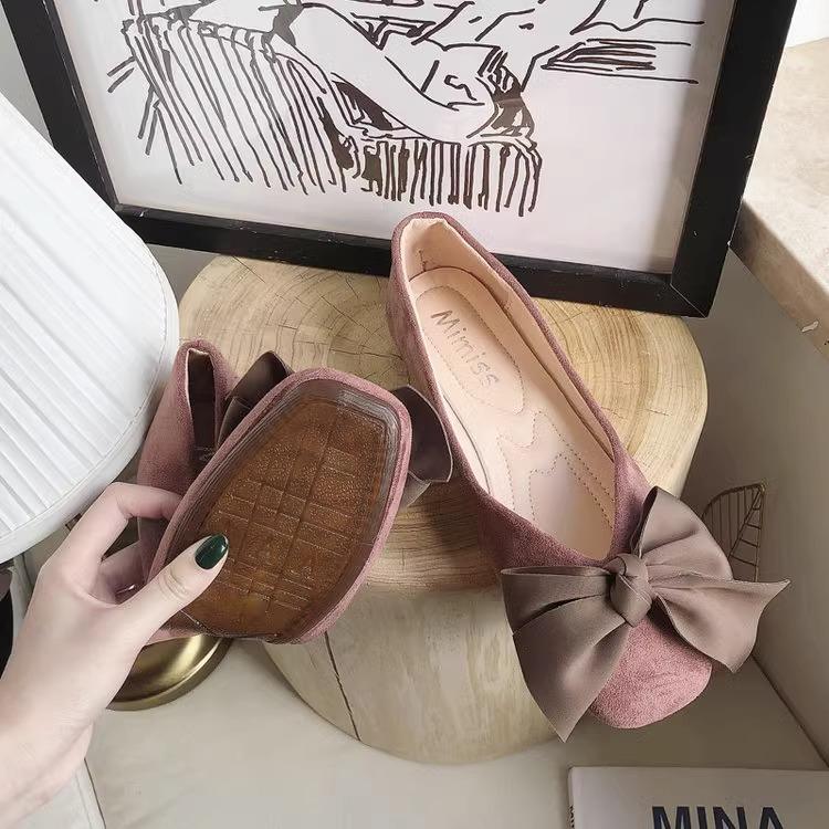 Autumn Flat Bottom Square Head Single Shoes Women's Shallow Mouth Big Bow Sweet Versatile Soft Sole Shoes Work Shoes Black