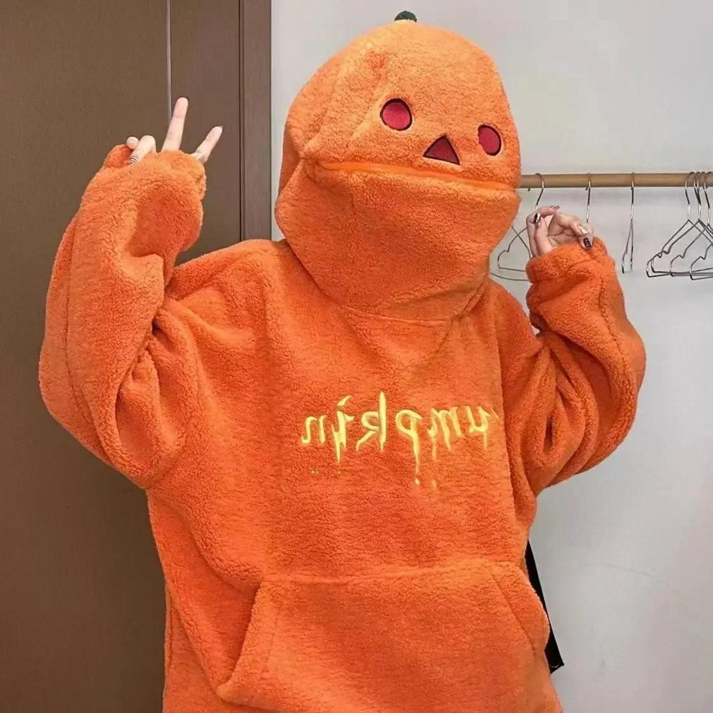 Halloweenowa Dyniowa Głowa Zimowa Amerykańska Jagnięcina Pluszowa Bluza Luźna Pogrubiona i Oversizowa Para z Takim Samym Topem Słodka