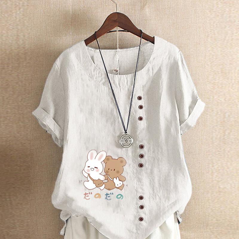 Women's New Fashion Linen Shirt Round Neck Short Sleeve Rabbit and Bear Printed T-shirt Summer Ladies Casual Plus Size Blouse Tops