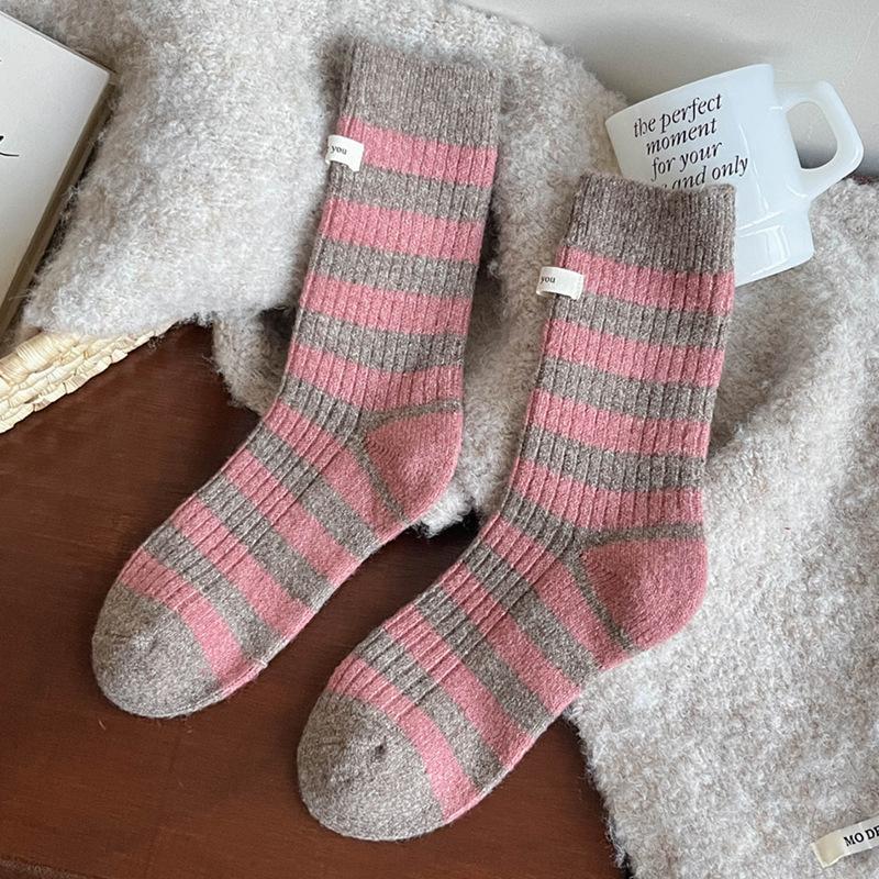 Female Autumn and Winter Thick Warm Trend Sweet Contrast Color Cloth Standard Wide Stripe Wool Tube Socks