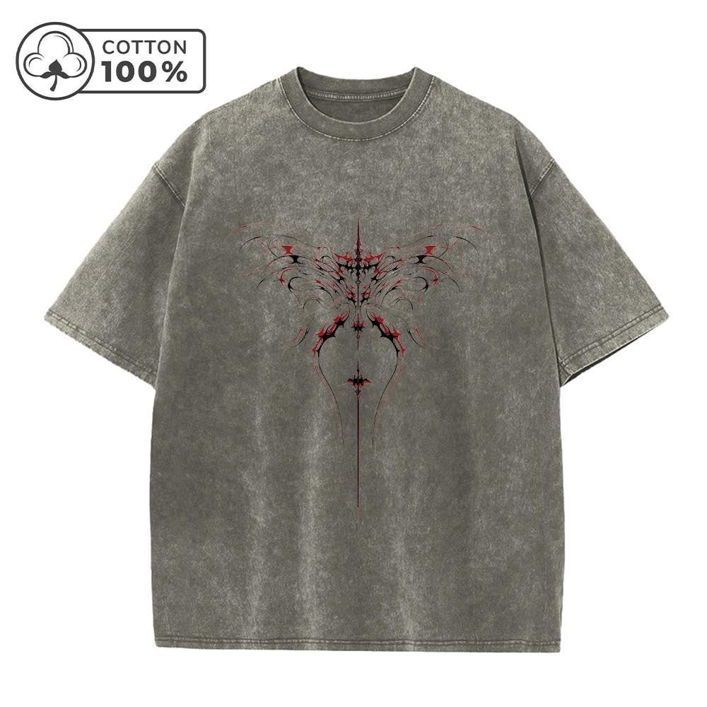 Mens Unique Line Butterfly Print Washed T Shirt Distressed Retro Casual Loose Pure Cotton Short Sleeved Summer Commuter Top