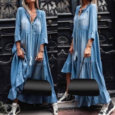 Robe Longue en Denim Vintage pour Femme, Décolleté en V, Manches 3/4 en Dentelle, Bas Large à Franges, Coupe Ample