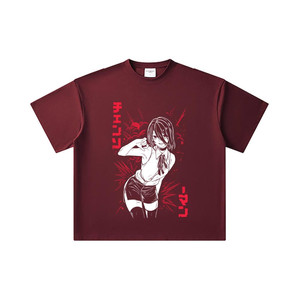 

260 GSM Double Yarn 32 Count 100% Cotton Chainsaw Man V13 Reze Print Unisex Heavy Cotton T Shirt 2XL вина червоного кольору