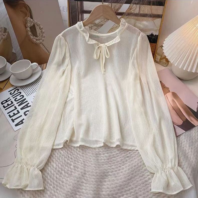 

Блузка из шифона с оборками и завязками спереди, женская, весна-осень, французский мягкий стиль, свободная, для многослойности, нижнее белье, солнцезащитная верхняя одежда, трендовая 2XL