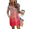 Women's Summer V-Neck Casual Short Sleeve Drawstring With Pocket Vintage Floral Dresses