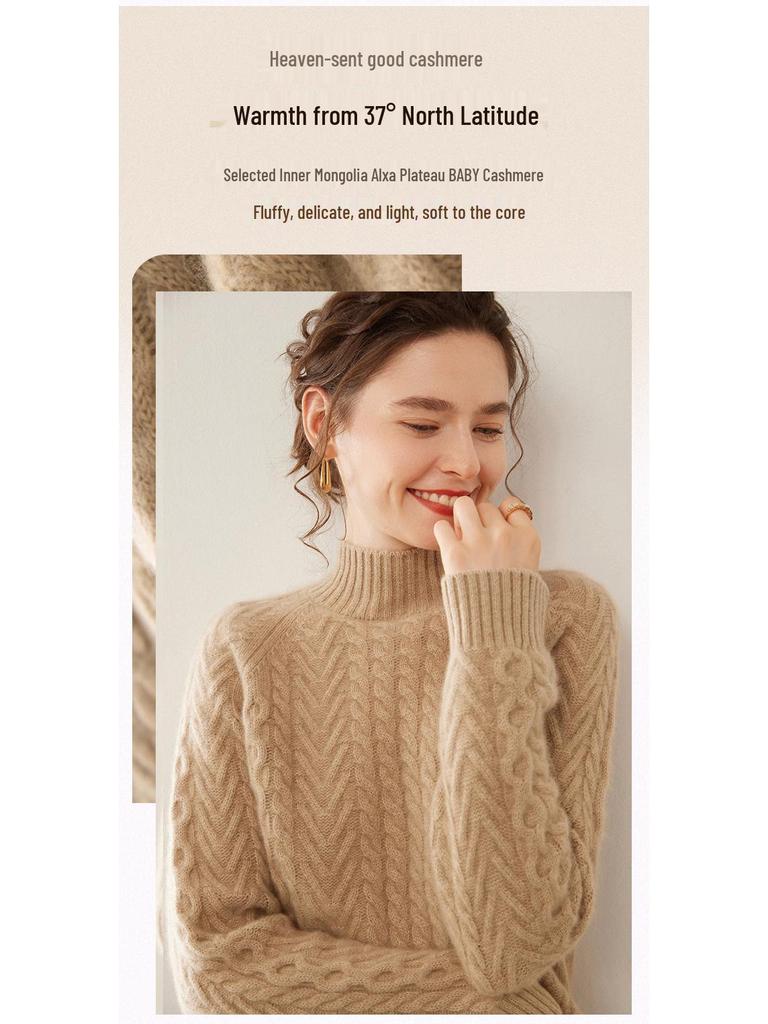 Women's Heavyweight Cashmere Sweater: Autumn-Winter Half-Neck Cable Knit Slim Pullover