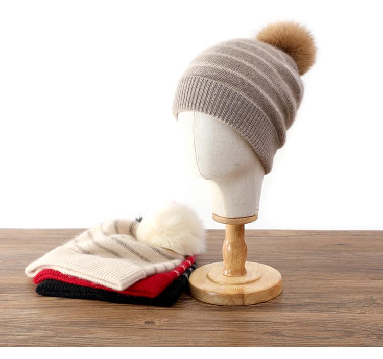 Women's Striped Cashmere Beanie with Ear Protection - Warm, Trendy Autumn/Winter Hat with Pom Pom