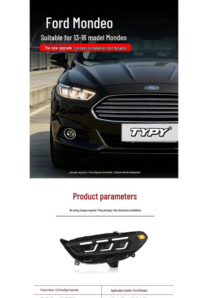 LED Lens Headlight Assembly with Flowing Turn Signals for 13-16 Ford Mondeo, Mustang Style