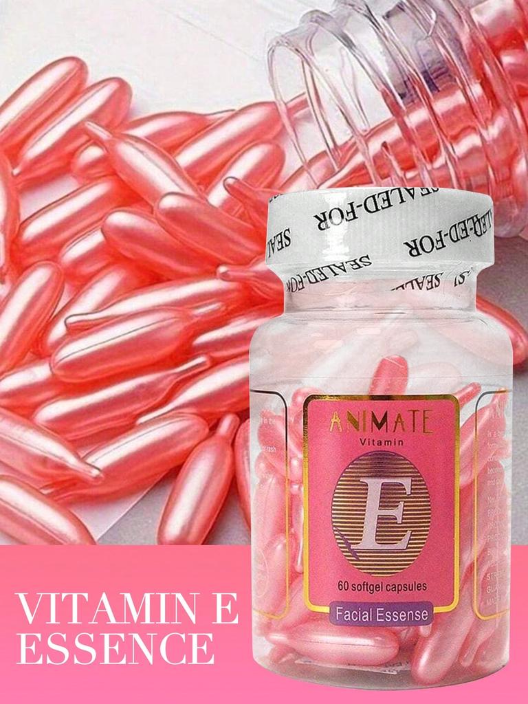 60PCS Vitamin E VE Facial Essence Capsule (Pink), Bottled, Deeply Activates Skin, Moisturizes, Brigh