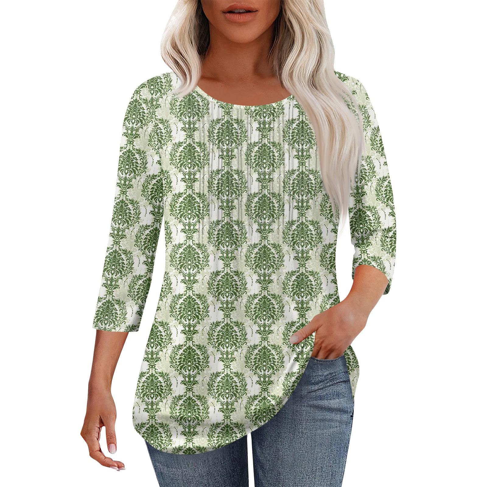 

Women s Fashionable Casual Pleated Round Neck Casual Floral Print Seven Quarter Sleeved T-shirt Top XXL