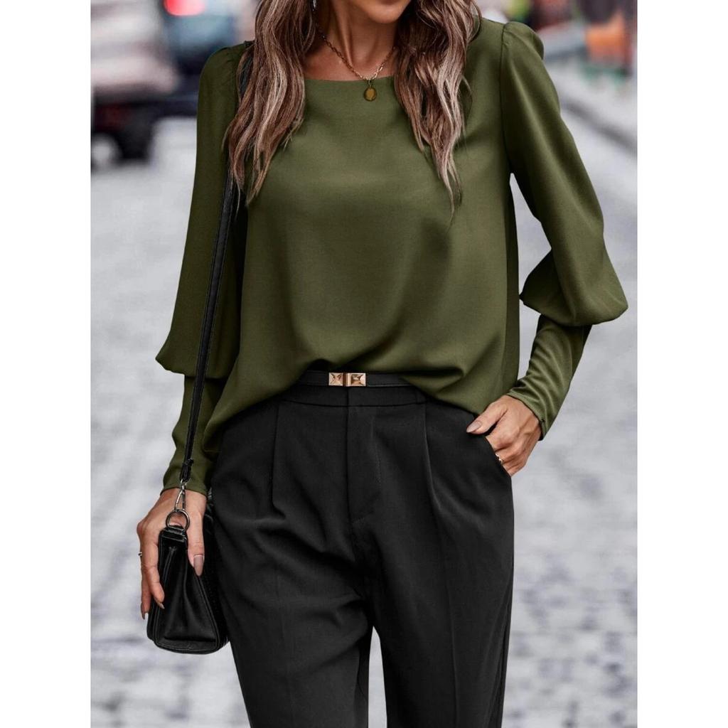 Women's Round Neck Long Sleeve Loose Fit Button Pullover Shirt Casual Blouse