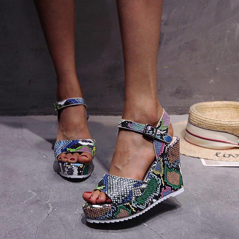level up multicolor snakeskin platform sandal