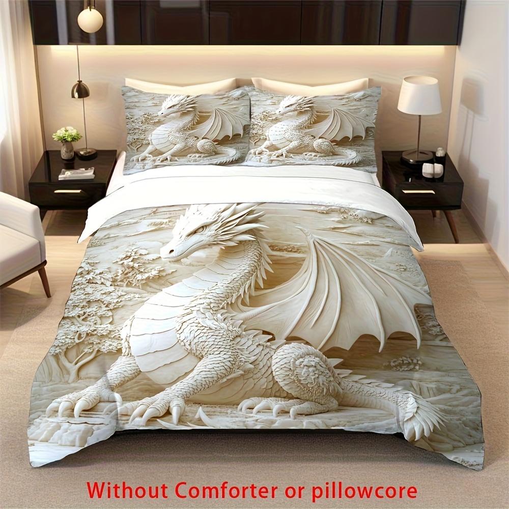 

2/3Pcs Dragon Totem Print Duvet Cover Set (1 Duvet Cover + 1/ 2 Pillowcase, Without Core), 3D Relief Dragon Pattern Bedding Set Duvet Cover Set&AU Single(140x210cm)