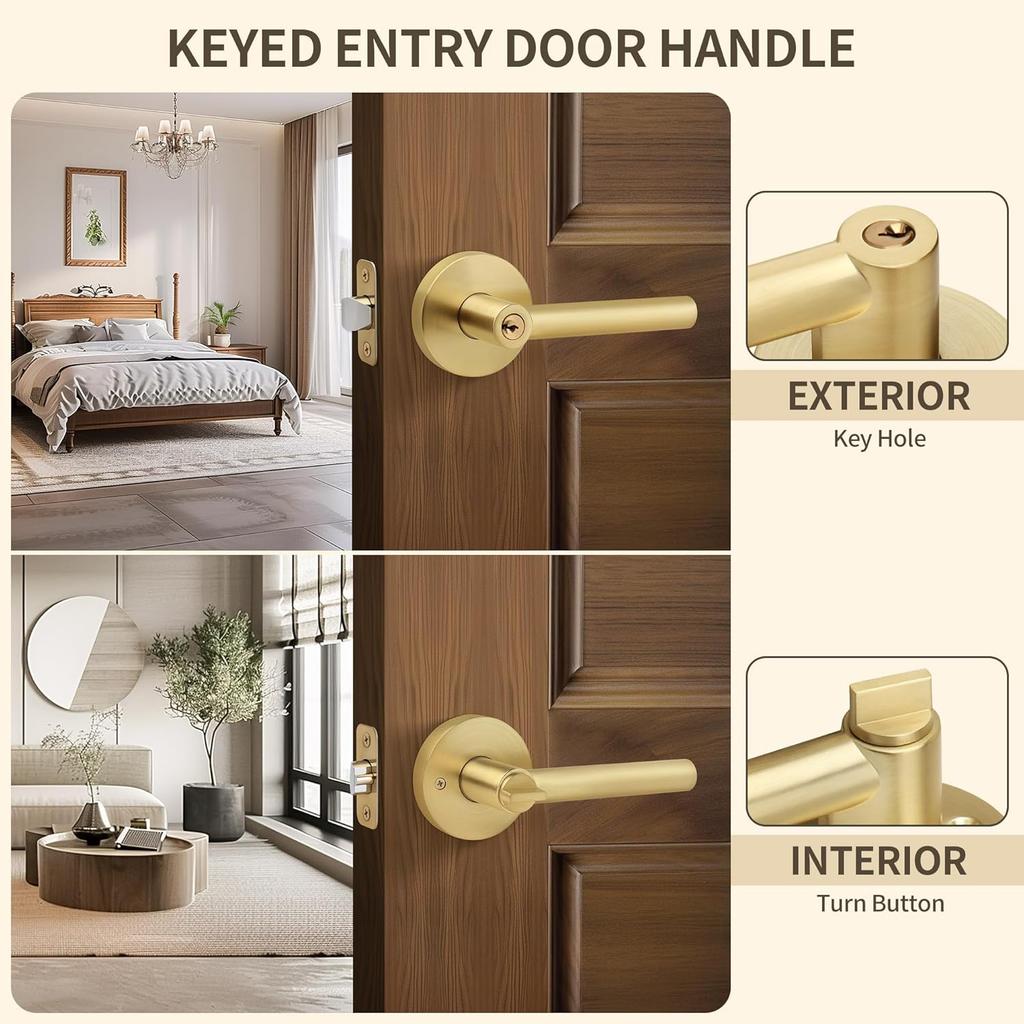 Moquin Brass Gold Heavy Duty Round Design Door Lever, Keyed Entry Door Handle in Gold, Reversible Door Lock for Front Entrance Door
