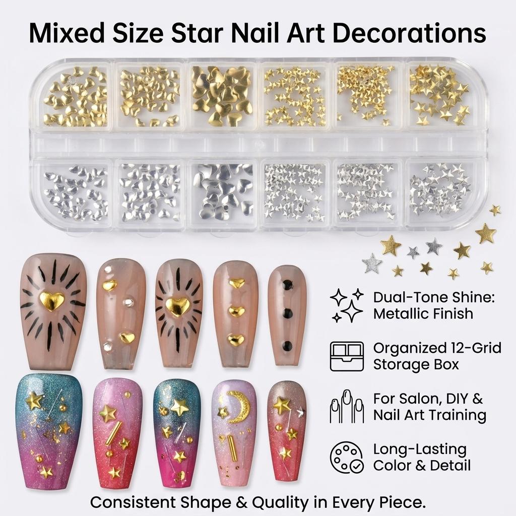 12-Grid Mixed Size Gold Silver Metal Star Nail Decorations Alloy Plating Craftsmanship For Manicure DIY